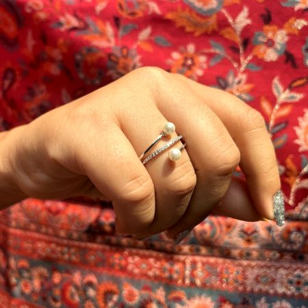 92.5 Sterling Silver Dual Pearl Adjustable Elegant Ring